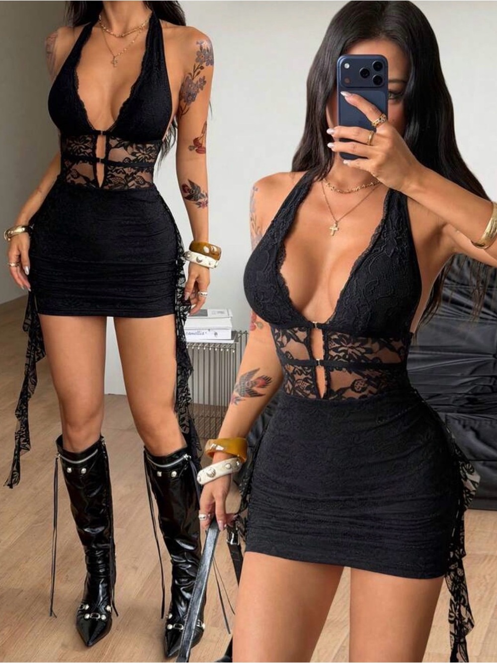 Black Lace Halter Mini Dress